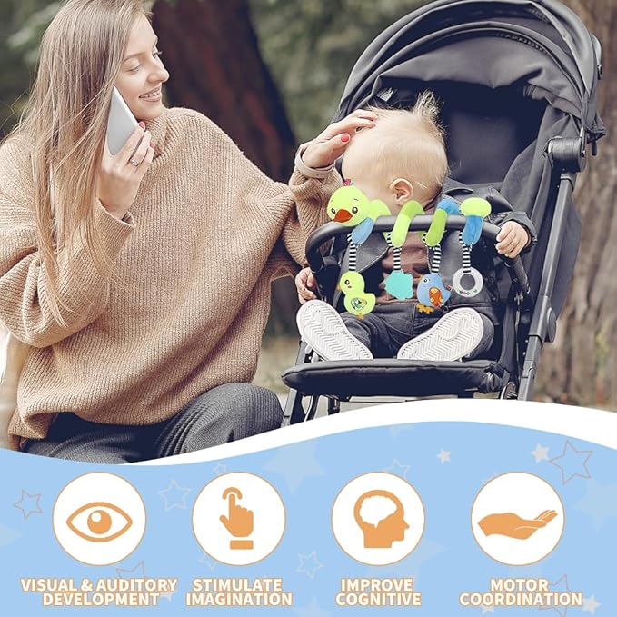 Caterbee Baby car seat Toys, Activity Spiral hangings pram Toys, Plush Crib Toys with Squeaky for boy or Girl (Duck)