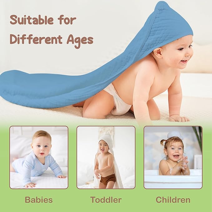 100% Organic Cotton Muslin Baby Hooded Towels 32x32 Inch – 2 Pack Soft & Absorbent Baby Towels with Hood for Boys & Girls, Premium Hooded Towels, Gentle Baby Essentials in Deep Blue/Aquarius
