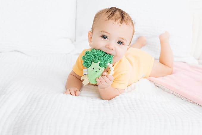 Pearhead Plush Broccoli Baby Teether with Crinkle Sound, BPA-Free Silicone Teething Ring & Soft Sensory Rattle, Infant Gum Soother for Newborns, 0 Months+