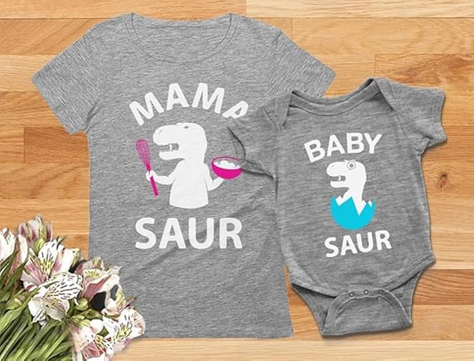 Tstars Mama and Baby Saur Matching Outfit Set - Mom Shirt and Bodysuit Gift for Baby Shower or Mother's Day