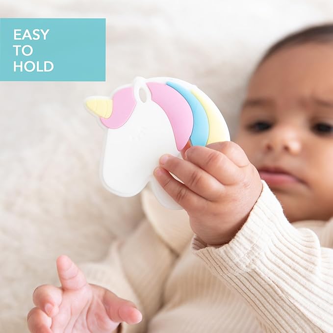 Bumkins Baby Teething Freezer Toy Keys Rings, Soft Flexible Silicone Pacifier, Safe to Chew, Cool Teether Gum Relief, Essentials for Babies 3 Months, Freezable, Sensory Textured, Unicorn