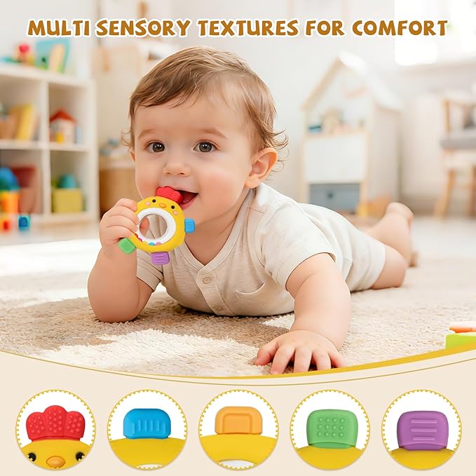 Baby Teething Toy for Babies Over 3 Months, BPA-Free Silicone Teether, Teething Relief & Fun Play with Rattle, Perfect Baby Easter Basket Stuffers & Baby Toys