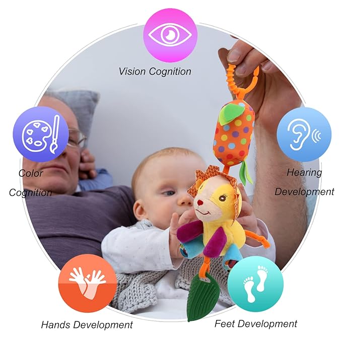 Bloobloomax Baby Soft Hanging Rattle, Car Seat Stroller Toys with Plush Animal C-Clip Ring for Infant Babies Boys and Girls 3 6 9 to 12 Months (4pcs)