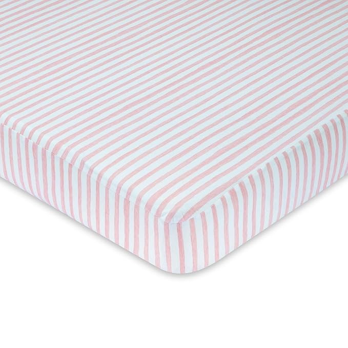 Ely’s & Co. Waterproof Crib Sheets/Toddler Bed Sheets – All-in-One Mattress Protector + Fitted Sheet – Soft Jersey Cotton, Mauve Pink Splash & Stripes, Baby Girl Nursery Bedding Essential – 2-Pack
