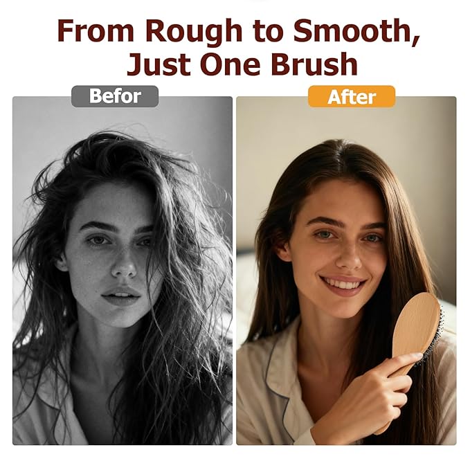 Boar Bristle Hair Brush Gift Set for Women & Men, 100% Natural Bristle & Nylon, Reduces Frizz & Static, Gentle Detangling for All Hair Types Thick Thin Curly Straight, Regular Size