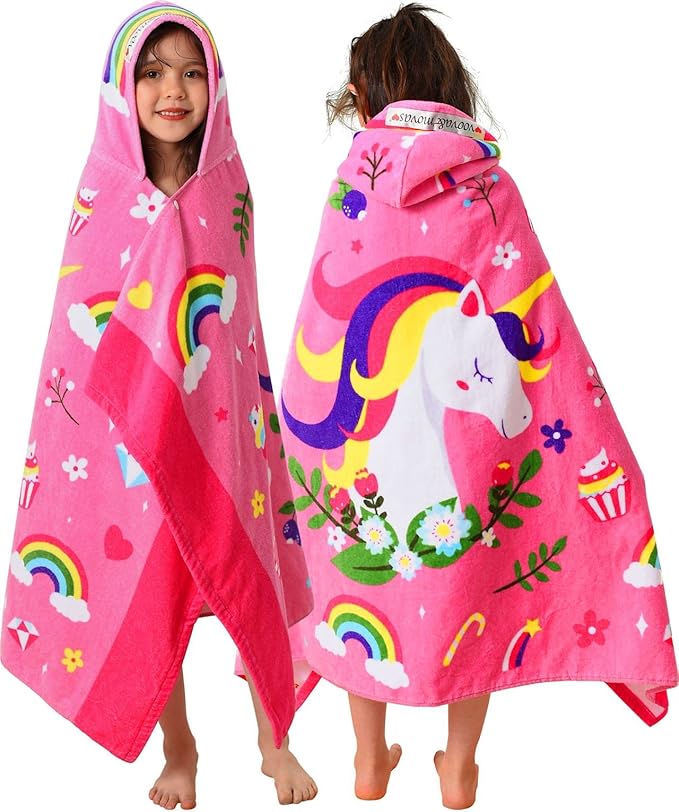 VOOVA & MOVAS Hooded Towels for Kids 3-8 Years, 30''X50, Soft Thick Cotton | Absorbent Beach, Bath, Pool Swim Towels | Cover up for Girls | Pink Floral Unicorn