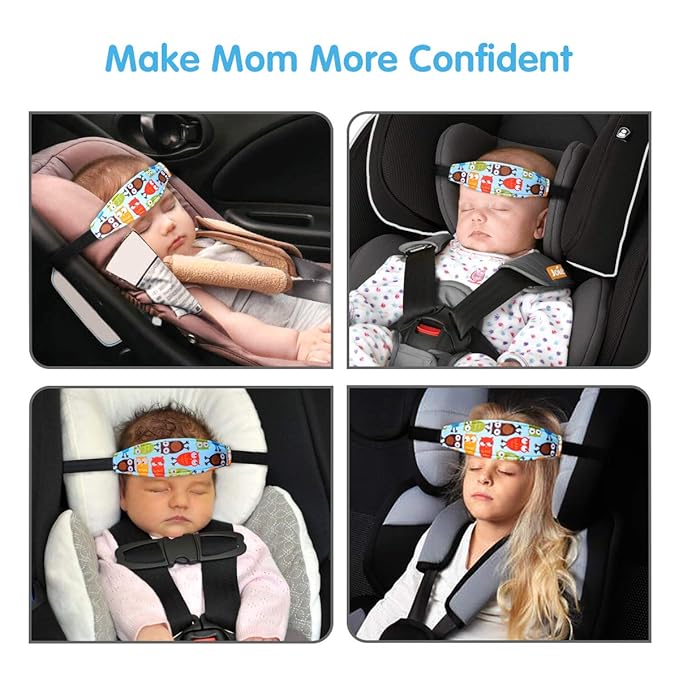 Baby Carseat Head Support,Car seat Straps Pillow Support Ban,Stroller Neck Relief Strap Headrest,Slumber Sling Sleep Positioner for Toddler Infants Child Children Kids（Blue Elephant + Owl）