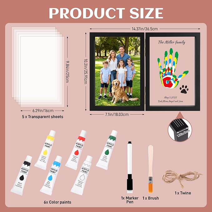 Family Handprint Kit, DIY Baby Hand and Footprint Handmade Keepsake Wooden Frame, Family Gifts with 6 Non-Toxic Baby-Safe Paint, Ideas Gift for New Parents, Grandparents, Father's Day, Mother's Day