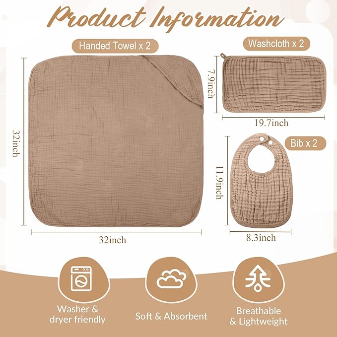 6 Pcs Muslin Hooded Bath Towels Washcloths and Bibs Set, Muslin Cotton Baby Towels Absorbent Hooded Blanket Towel Infant Bibs for Boys Girls Newborn Infant Essential(Dark Brown, Khaki)