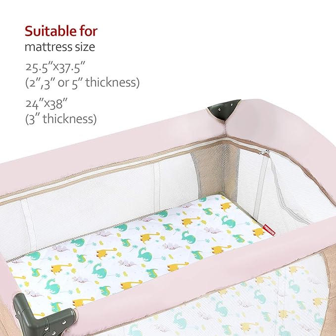 Pack and Play Sheets Fitted, Breathable Thick Playard Lovely Print Cover 39"×27"×5" Compatible with Graco Pack n Play, Dinosaur