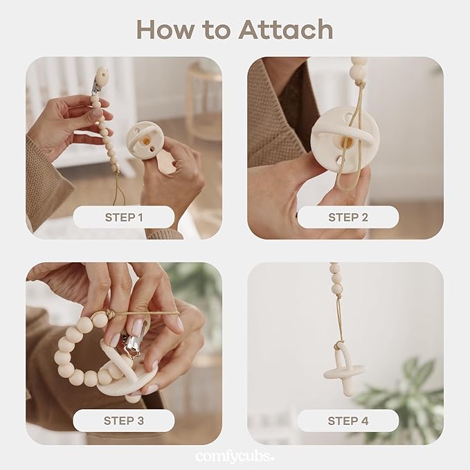 Comfy Cubs Pacifier Clips 2 Pack - 100% Food Grade Silicone Baby Pacifier Clips, BPA & PVC Free - CPSIA Certified, Lightweight and Flexible Baby Gifts - Beige & Light Beige