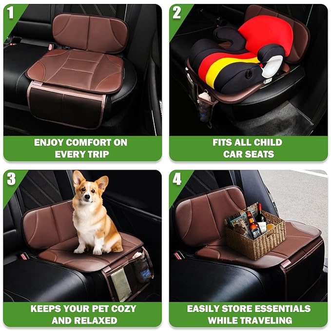 Siivton Car Seat Protector for Kids, Anti-Slip Design, Thick Padding, Prevents Seat Marks, 2 Storage Pockets for Toys & Snacks, Fits Most Cars, Black (Brown, 1 Pack)