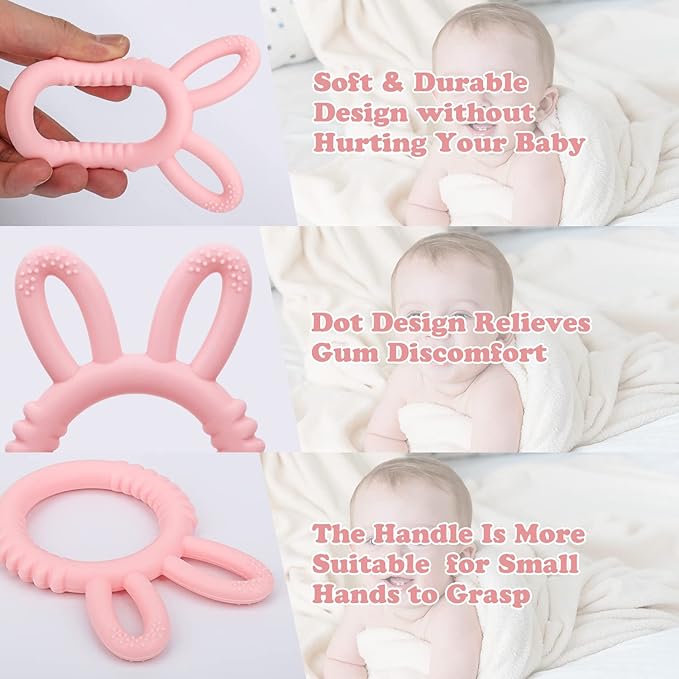 Silicone Babies Teethers Baby Teething Toys for Soothe Massage Sore Gums for 3-12 Months Infants, BPA Free, Easter Gifts for Boys and Girls, Ring Shape Rabbit Ear Design (Pink)