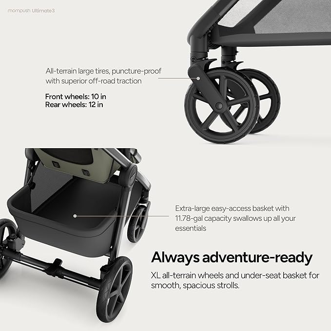 Mompush Ultimate 3 Full Size Baby Stroller with Bassinet from Newborn to 50 lbs - All-Terrain Large Wheels with Full Suspension, Reversible & Extendable Seat for Growing Kids, One-Second Compact Fold