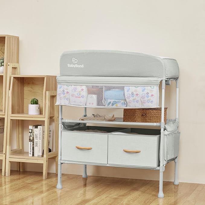 BabyBond Portable Baby Changing Table with 2 Storage Baskets, Foldable Changing Table Dresser Diaper Changing Table Height Adjustable Changing Station for Infant and Newborn(Beige)