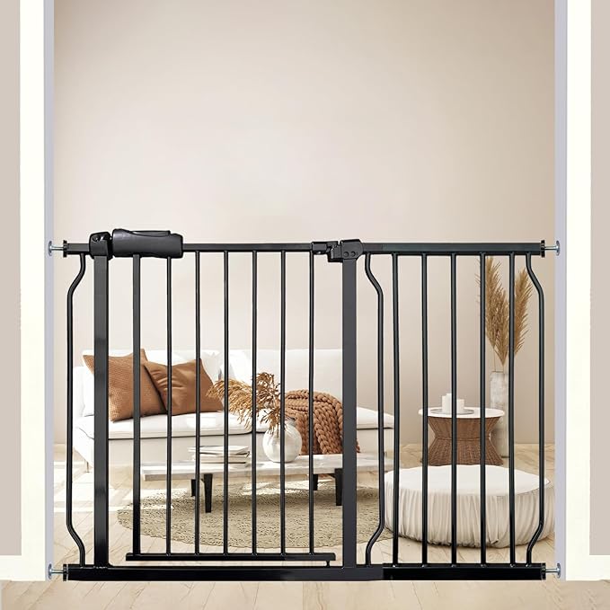 43.5-48 Inch Extra Wide Baby & Dog Gate, Pressure Mounted No Drill, Indoor Safety Gate for Pets & Toddlers, Black Metal with Extension Kit