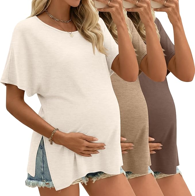 Riyiper 3 Pack Women's Maternity Tunic Shirts Cotton Summer Pregnancy Clothes Loose Oversized Split Side Blouse Tops