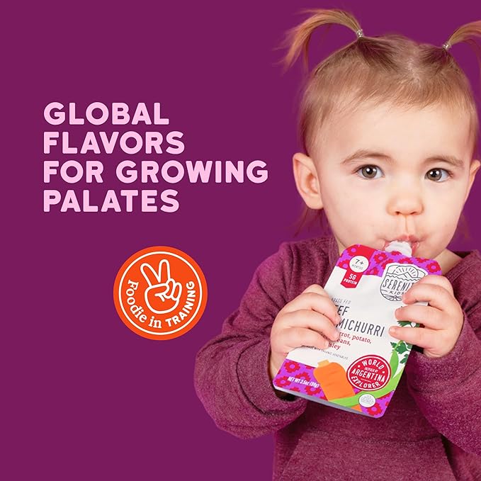Serenity Kids 7+ Months Baby Food Pouches - Beef Chimichurri 3.5 oz Pack of 12-5g Protein Nutrient-Packed Meat Snacks - BPA-Free Organic Veggie Pouches - On-the-Go Toddler Snacks & Baby Essentials