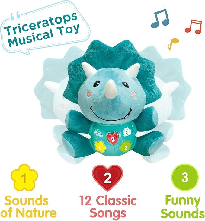 iPlay, iLearn Baby Dinosaur Musical Toys, Newborn Boys Gift, Soft Dino Plush Stuffed Animal, Infant Light Music Time, 1st Valentine's Easter Basket Stuffer 0 1 2 3 6 9 12 18 Month 1-3 Yrs Toddler Girl