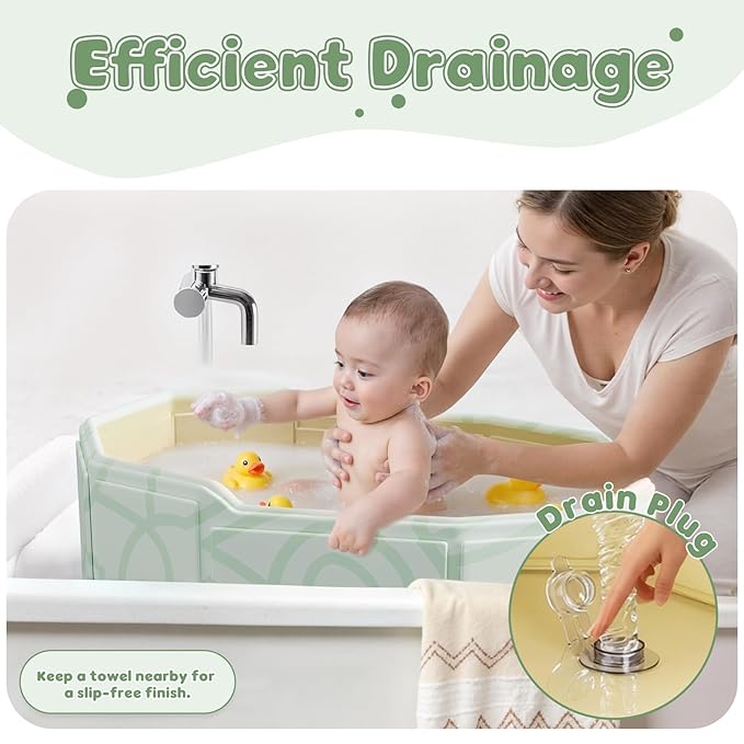 Collapsible Baby Bathtub for Shower, Portable Foldable Toddler Bath Tub with Non-Slip Base, Compact Travel Essentials for Kids & Infants, Easy Storage in Small Spaces, Green