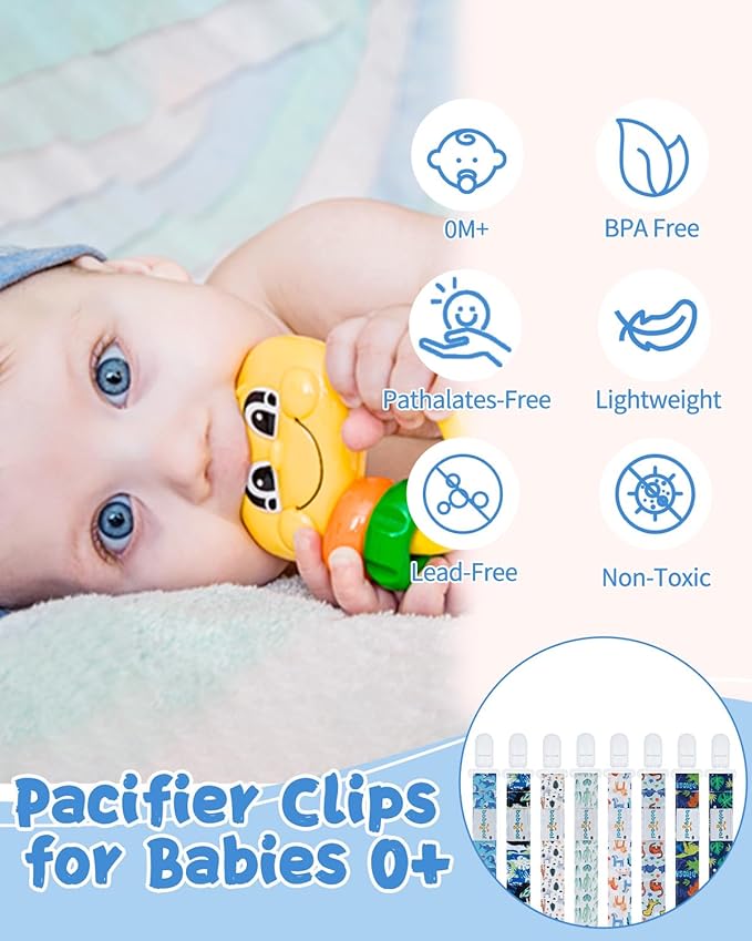 babygoal Aniaml Neutral Pacifier Clips, 8 Pack Binky Paci Holder Clips Fits for Most Pacifiers and Binkies 8PS49-B