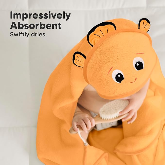KeaBabies Hooded Baby Towel for Newborn - Viscose Derived from Bamboo Large Baby Bath Towels with Hood for Boys, Girls, Toddler, Extra Absorbent & Soft Newborn Bath Essentials (Clownfish, Regular)
