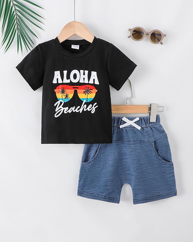 Jecson Baby Boy Summer Clothes Toddler Boy Outfits Letter Print Short Sleeve T-Shirt Denim Shorts Clothing Set 6M-4T