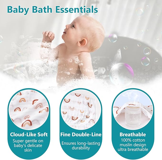 PHF 2 Pack Baby Hooded Towels, 100% Muslin Cotton Baby Bath Towel with Hood for Newborn, Infant, Toddler, Ultra Soft and Absorbent Baby Essentials Bath Towels for Boys Girls, 32x32Inch, Rainbow