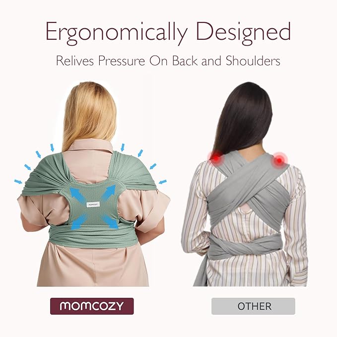 Momcozy Adjustable Buckle Baby Wrap Carrier Cooling Air-Mesh, Easy to Wear Baby Carrier Sling, Baby Carriers Newborn to Toddler 8-35lbs, Suit for Waist 30-47inch, Regular Grey Green