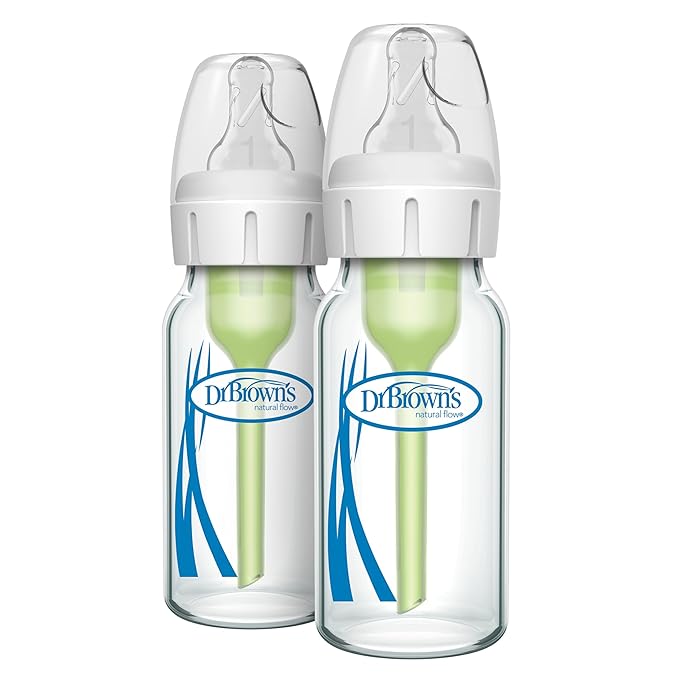 Dr. Brown's Anti-Colic Options+ Narrow Glass Baby Bottle with Level 1 Slow Flow Nipple, BPA-Free, 4 oz/120 mL, 0m+, 2 Count, 1-Pack
