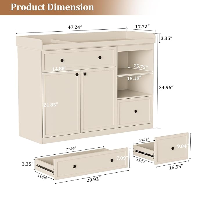 UbabyNest Wide Baby Changing Table Dresser with 2 Doors, 2 Different Size Drawer&Storage Cubbies, Durable Wood Construction, Built-in Shelves of Ample Storage for Nursery (Beige)