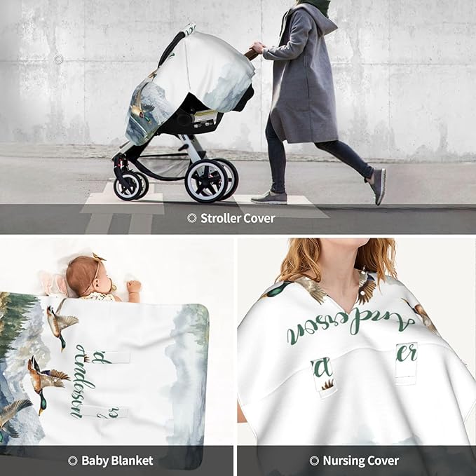 Personalized Baby Car Seat Canopy for Babies, Custom Name Baby Car Seats Cover for Boys Girls, Mallard Duck Opening Minky Nursing Breastfeeding Covers for Infant, Carseat Canopies for Newborn