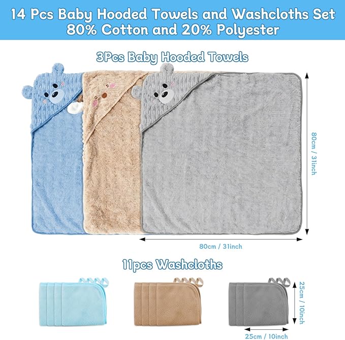 14 PCS Thicken Baby Towels Set, 3 PCS Soft Hooded Baby Towels & 11 PCS Washcloths, Baby Bath Towels for Newborns, Infants & Toddlers, Ultra Absorbent, Cute Baby Towel Gift for Boys