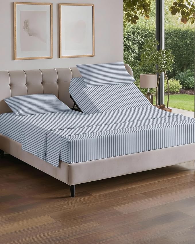Flex Top Split Head King 4 Piece Sheet Set - Comfy Breathable & Cooling Bed Sheets Set - Hotel Luxury Bedding for Women, Men, Kids, Teens, Boys & Girls - Deep Pockets, Soft - Oeko-Tex - Blue Stripes