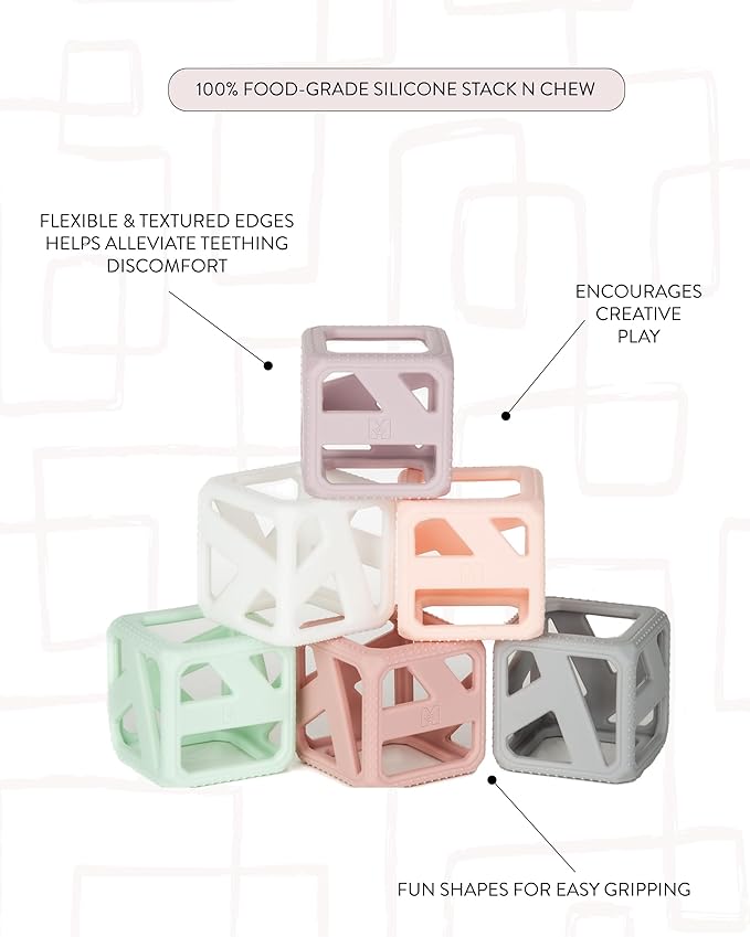 Malarkey Kids Stack N Chew - Mini Cubes Baby Chew Toy Monochrome - Develops Fine Motor Skills, Increases Grip Strength, Stimulates Hand-Eye Coordination (Pastel)