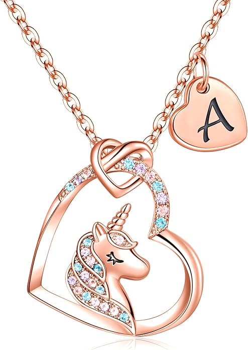 Hidepoo Valentines Gifts for Kids Girls - Unicorn Necklace Gifts for Teen Girls Kid, Colorful CZ Heart Pendant Initial Unicorn Necklaces for Girl Jewelry Birthday Gift for Girl Kid