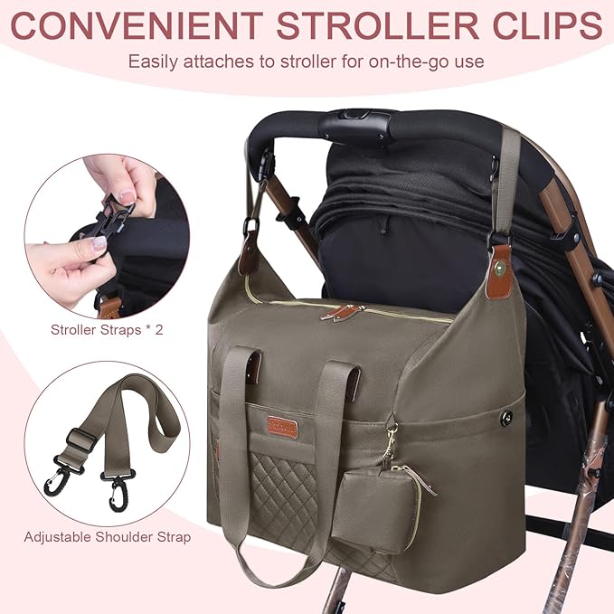 Diaper Bag Tote, Diaper Baby Bags with Pacifier Case, Shoulder Straps, Stroller Clips, Waterproof Large Mommy Maternity Travel Baby Bag for Mom and Dad, khaki, Medium