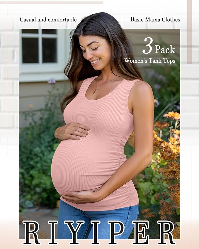 Riyiper 3 Pack Women's Maternity Tank Tops, Sleeveless Cotton Pregnancy Shirts Ribbed Knit Sides Ruched Basic Mama Clothes