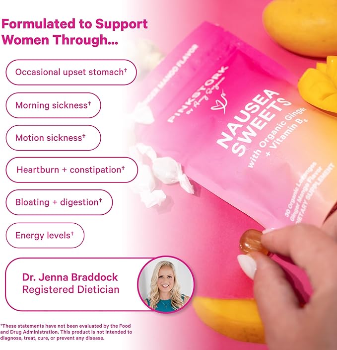 Pink Stork Organic Mango Sweets with Vitamin B6 for Morning Sickness and Motion Sickness, Added Ginger & Vitamin B6, 1st Trimester Pregnancy Must Haves - 30 Wrapped Candies