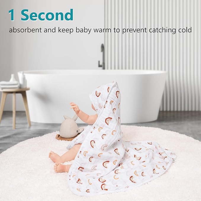 PHF 2 Pack Baby Hooded Towels, 100% Muslin Cotton Baby Bath Towel with Hood for Newborn, Infant, Toddler, Ultra Soft and Absorbent Baby Essentials Bath Towels for Boys Girls, 32x32Inch, Rainbow