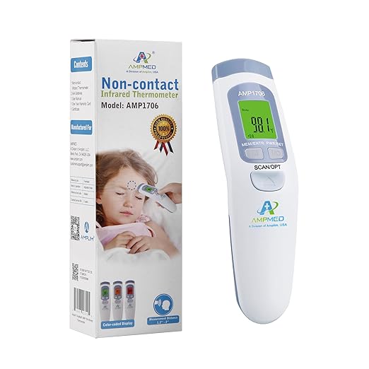 Amplim Non-Contact Forehead Thermometer for Kids and Adults, AmpMed No-Touch Baby Head Temporal Digital Fever Thermometer for Accurate Temperature Reading (White Blue)