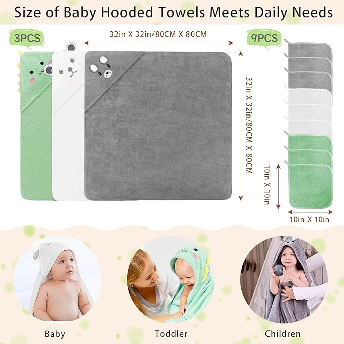 12 PCS Hooded Baby Towel Set, 32x32 Inch Absorbent Baby Bath Towels, 3 PCS Soft Hooded Towels & 9 PCS Washcloths, Unisex Baby Gift Set for Newborns, Babies, Toddlers (Green + Gray + White)