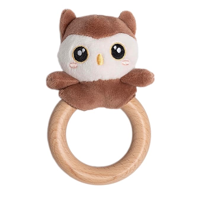 Pearhead Owl Wooden Baby Teething Ring, Plush Animal Infant Teether with Natural Wood, BPA-Free Sensory Rattle Toy for Newborns, 0 Months+