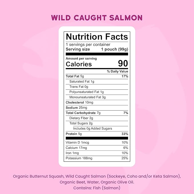Serenity Kids 6+ Month Salmon Baby Food Pouches - No Added Sugar with Butternut Squash & Beet - BPA-Free Pouches for Infant Travel Essentials - 3.5 Oz, Pack of 12