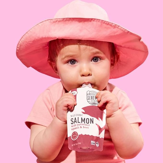 Serenity Kids 6+ Month Salmon Baby Food Pouches - No Added Sugar with Butternut Squash & Beet - BPA-Free Pouches for Infant Travel Essentials - 3.5 Oz, Pack of 12
