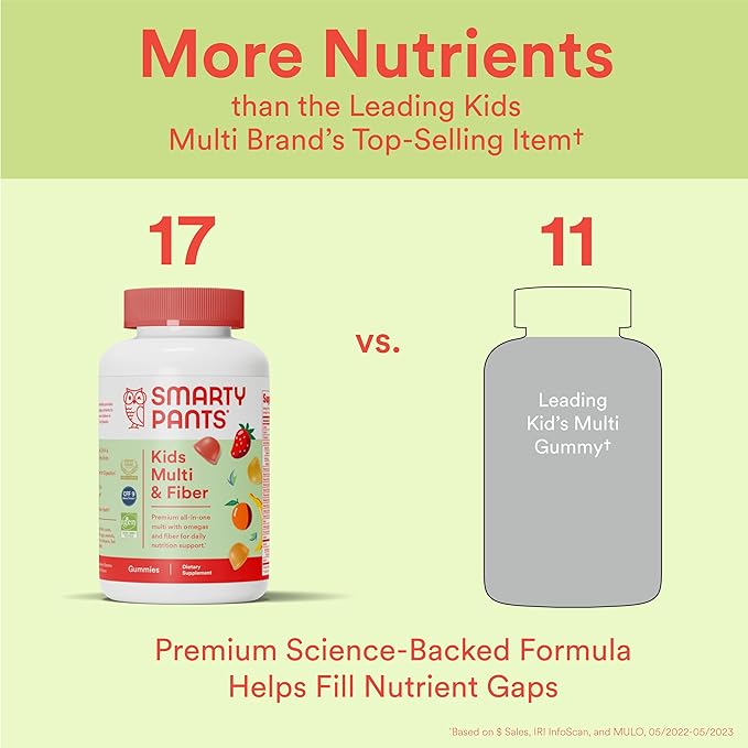 SmartyPants Kids Multivitamin Gummies and Fiber Supplement: Vitamin D3, C, Vitamin B12, B6, A, Zinc, Biotin, Inositol, Fiber Gummies, Three Fruit Flavors, 90 Count (22 Day Supply)