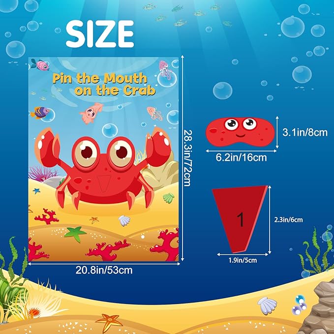 NEBURORA 2 Pack Pin The Mouth on The Crab Party Game 2 Large 21"x 28" Posters with 48pcs Stickers Ocean-themed Birthday Party Supplies Decorations for Kids Boys Classroom Game Wall Home Decor