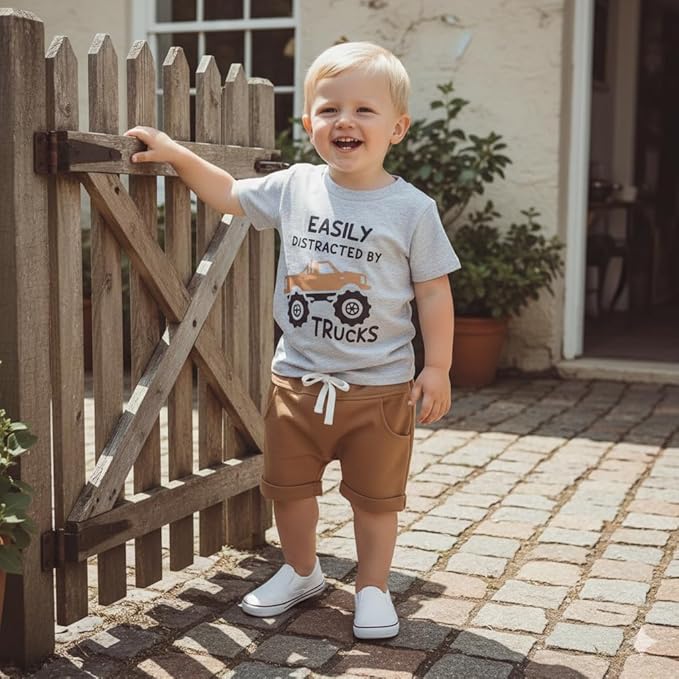 WZTYYDS Toddler Baby Boy Summer Clothes 2T 3T 4T 5T Boys Outfit Letter Truck Short Sleeve T-Shirt Tops + Shorts Set