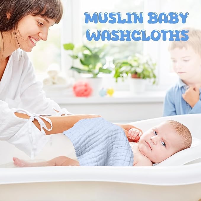 Chumia 30 Pcs Baby Muslin Washcloths Muslin Burp Cloths Baby Towel Natural Cotton Burp Cloths Wipes Soft Newborn Face Towel Absorbent for Face Bath Shower, 12 x 12'' (Light Blue, White, Blue)
