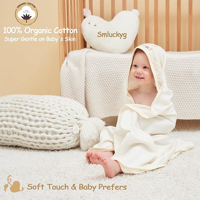 6-Pack Organic Cotton Baby Bath Set - Embroidered Hooded Towel & 5 Soft Washcloths, Ultra Soft Newborn, Toddlers Registry Gift for Boys & Girls, Stripes Bear, 37.5 x 37.5 Inch